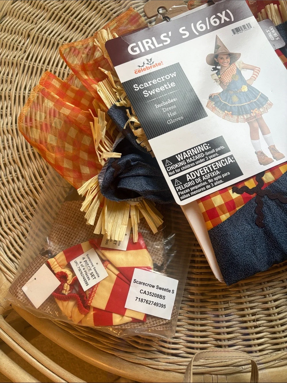 NWT Celebrate! Girls' Scarecrow Sweetie Costume - Orange & Blue (Size 6/6X)